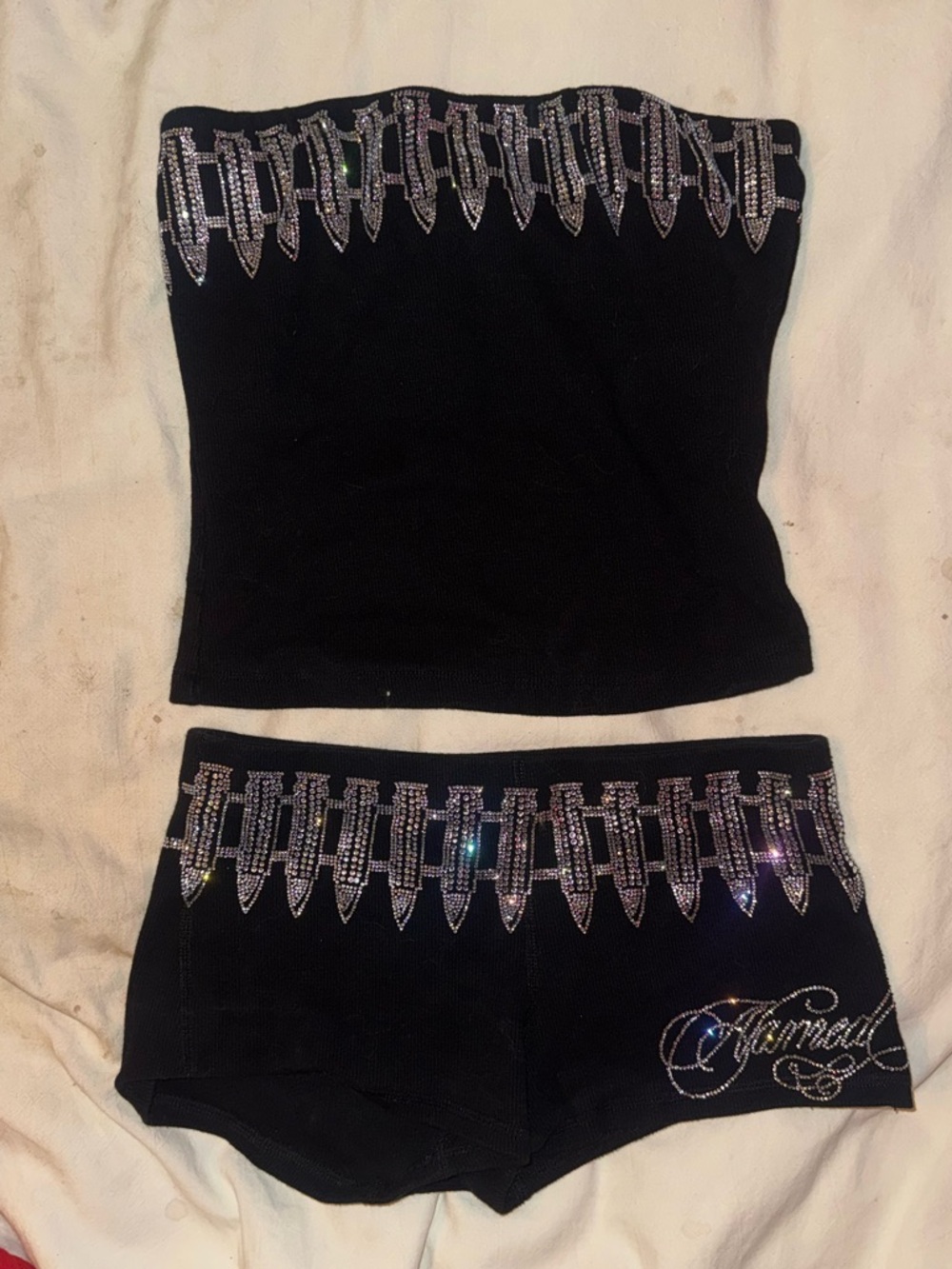 Black Embellished Strapless Crop Top and Shorts - Rhinestone Detail